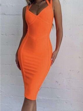 Tiger Mist Neon Orange Bodycon Midi Dress Small S